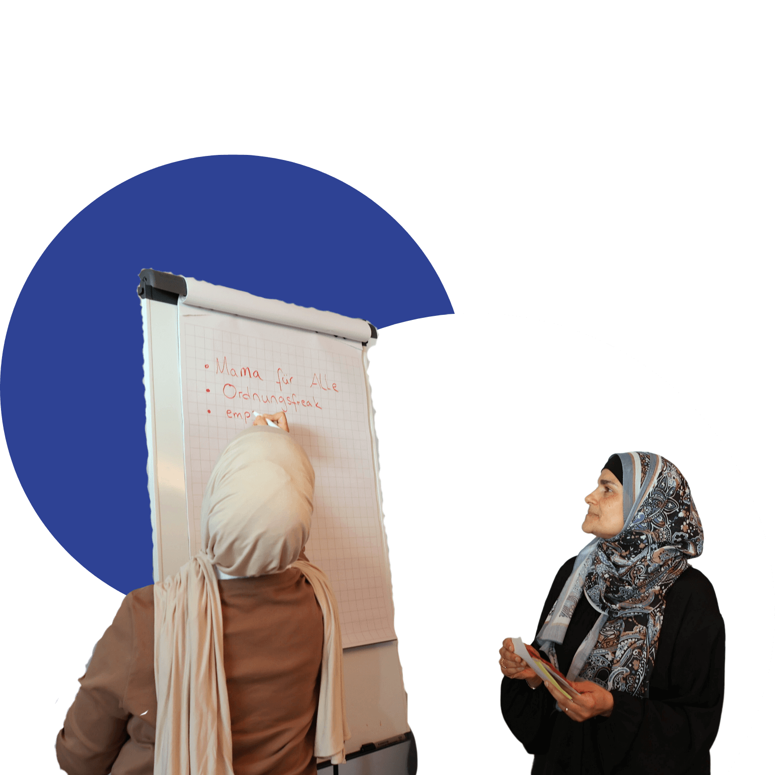 FLO Thumb Eine Frau mit Kopftuch schreibt auf eine FlipChart, Eine andere Frau steht daneben und schaut.